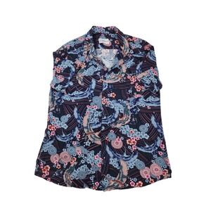 4th Dimension Button Down Shirt M Blue Cherry Blossom Crane Print Rayon Boho